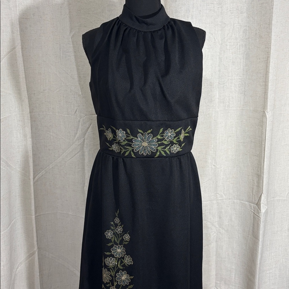 Vintage Black Midi Dress with Green and Silver Floral Embroidery